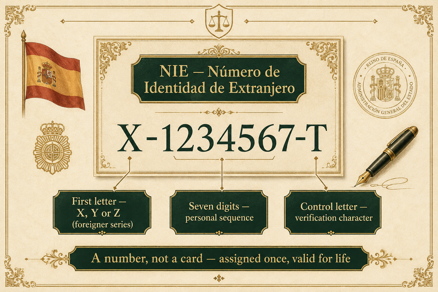 Anatomía de un número NIE español: letra inicial X, Y o Z, siete dígitos y una letra de control — un número, no una tarjeta