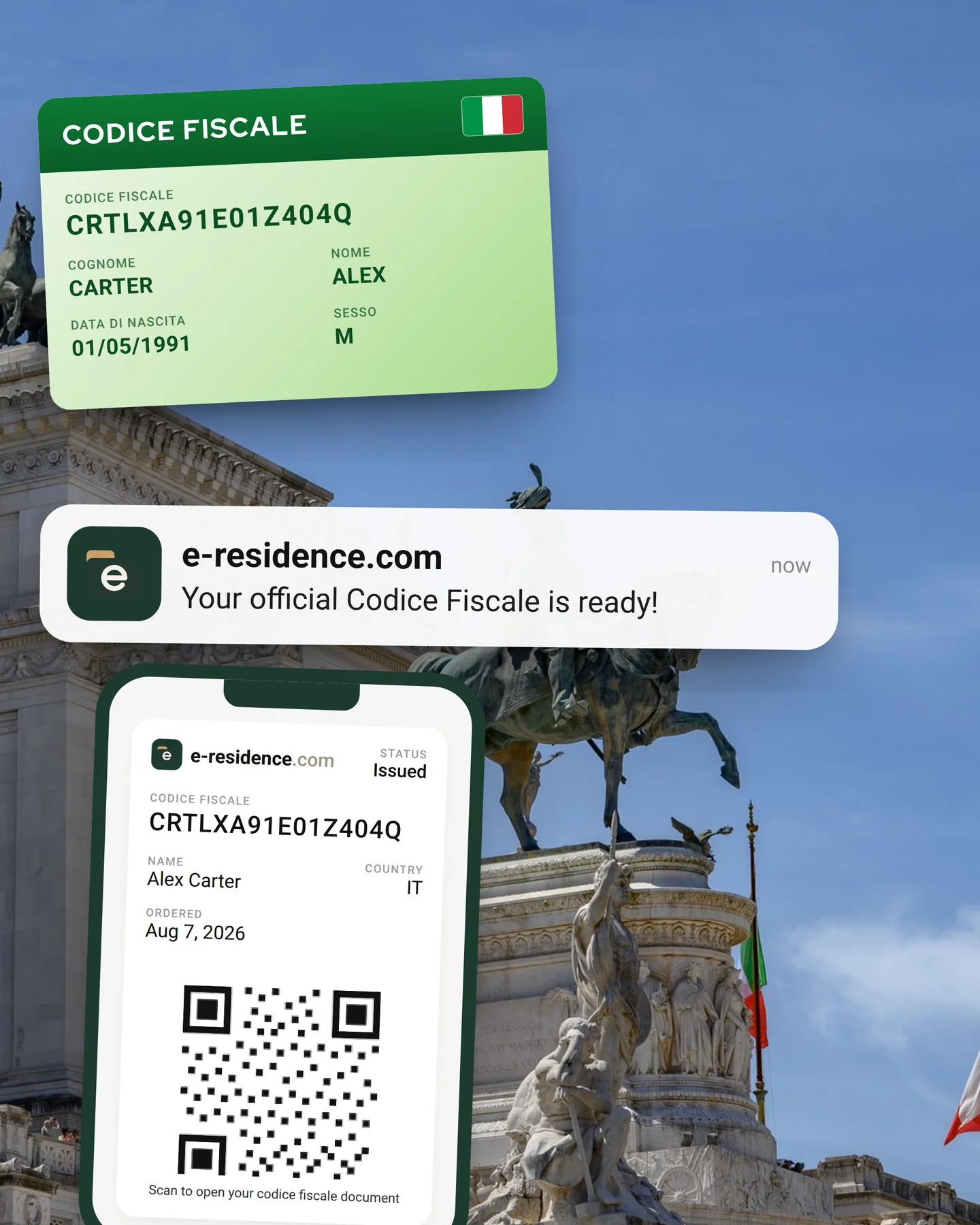 Codice fiscale — Italian tax code card and digital wallet pass issued online by e-residence.com, over the Vittoriano in Rome