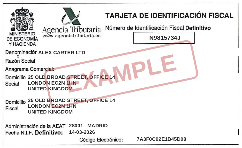 NIF español — ejemplo de Tarjeta de Identificación Fiscal emitida a una empresa extranjera (Alex Carter Ltd)