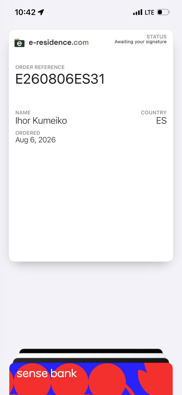 The E-Residence order pass in Apple Wallet, showing the issued codice fiscale, live order status, holder name, and order date