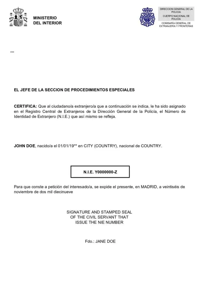 Sample Spanish NIE certificate issued by the Ministerio del Interior