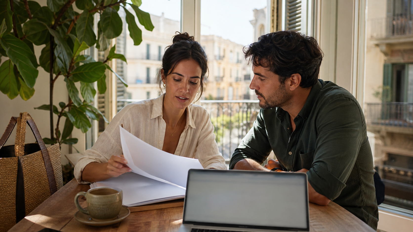 Illustrative editorial cover: two people reviewing neutral papers before checking official NIE information.