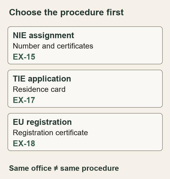 Three separate procedures: NIE assignment uses EX-15, TIE uses EX-17, and EU registration uses EX-18. Choose the procedure before the office.