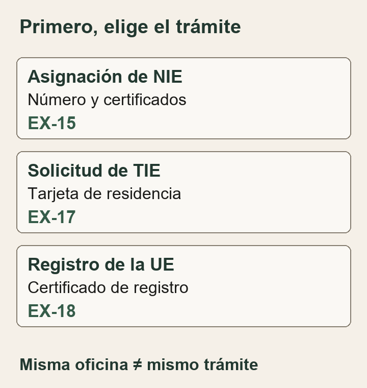 Tres trámites distintos: asignación de NIE con EX-15, TIE con EX-17 y registro de ciudadanos de la UE con EX-18. Elige el trámite antes que la oficina.