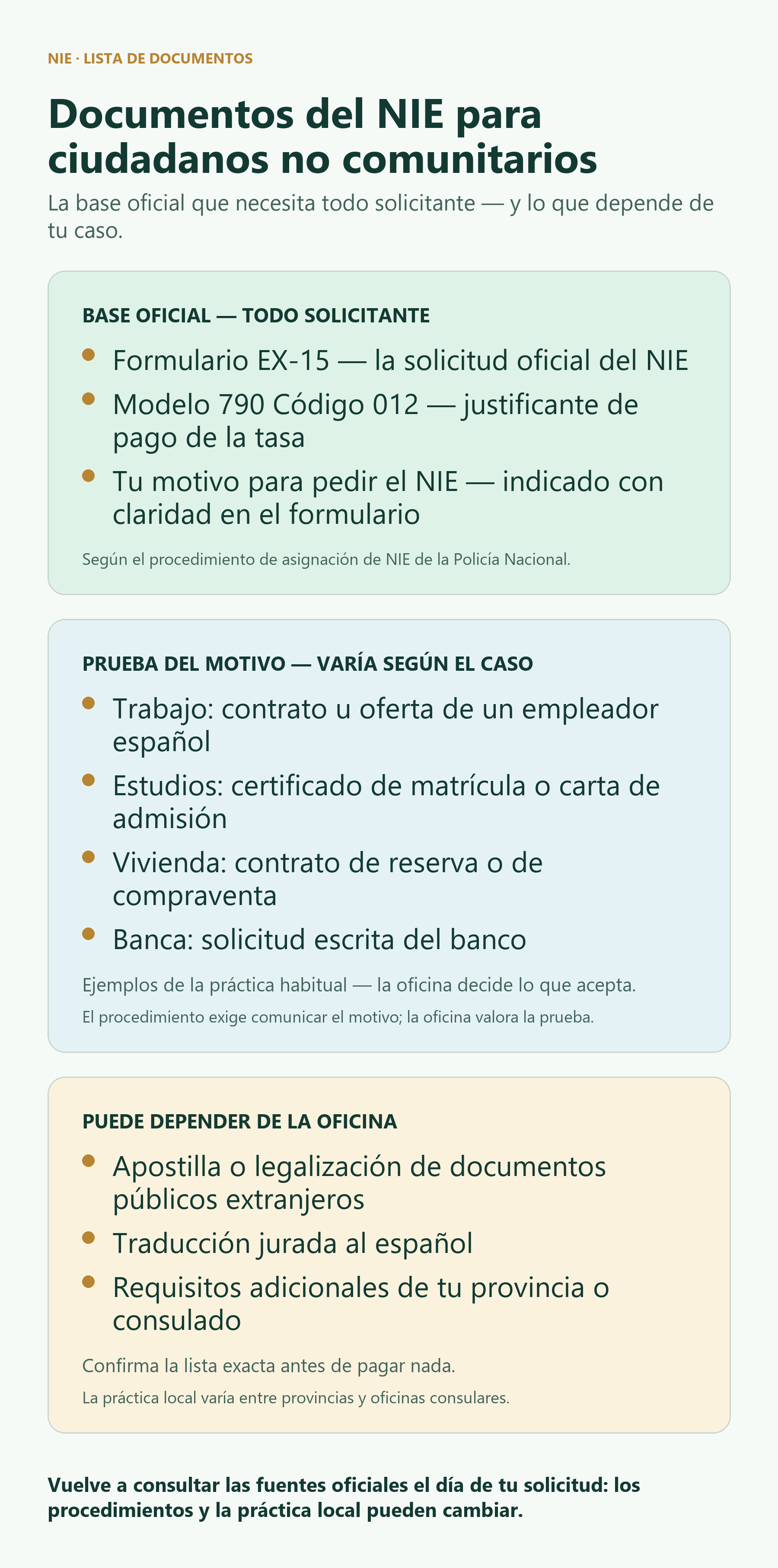 Infografía: la base oficial de documentos del NIE para no comunitarios, la prueba que varía según el caso y los elementos que dependen de la oficina.