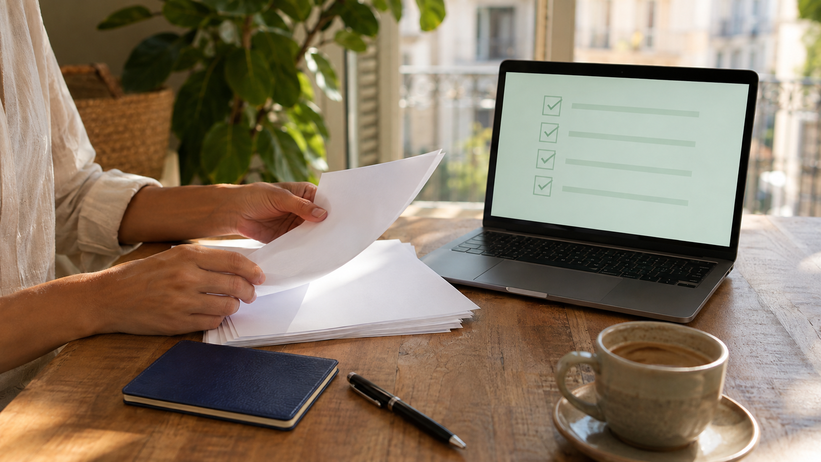 Illustrative editorial cover: a person organising plain papers and a checklist before a Spanish NIE application.