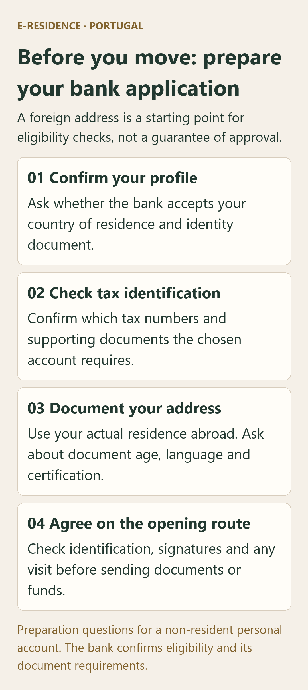 Non-resident preparation: confirm eligibility, tax identification, foreign-address evidence and the opening route with the bank