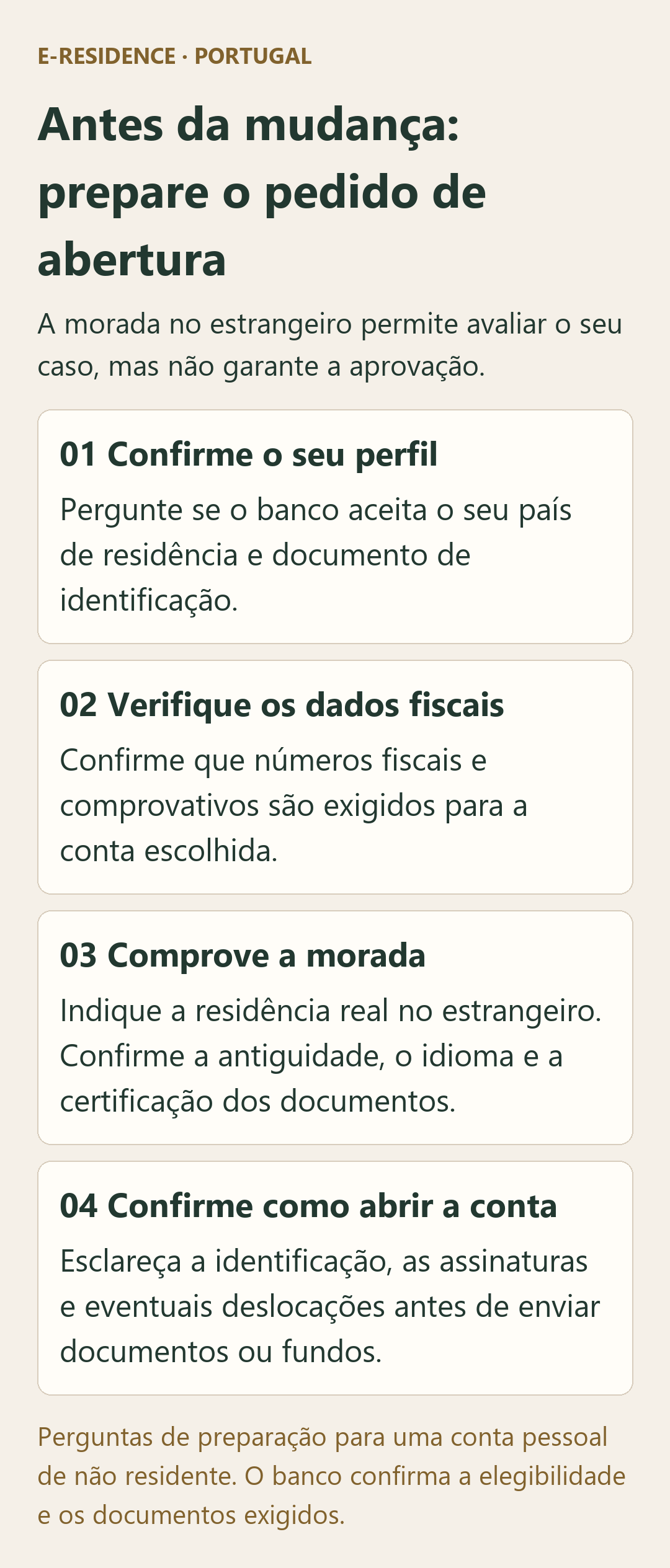 Preparação para não residentes: confirmar a elegibilidade, os dados fiscais, o comprovativo de morada no estrangeiro e a forma de abertura